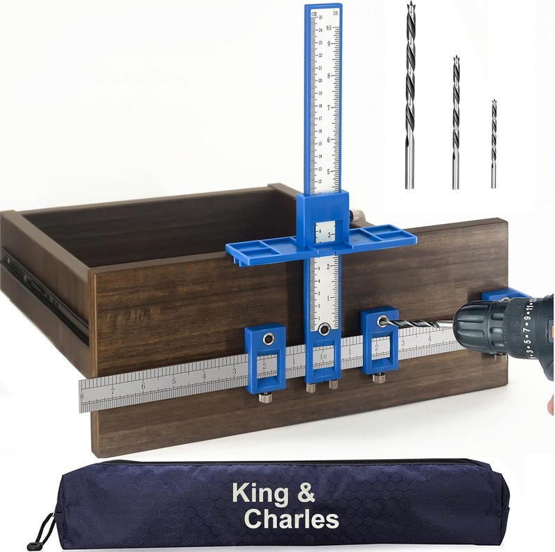 King&Charles Cabinet Hardware Jig, Cabinet Handle Jig with 3pcs Point Wood Drils Bits, Use for Handles Pulls Knobs on Drawers/Doors, Wood Drilling Dowelling Guide Set. - Image 1